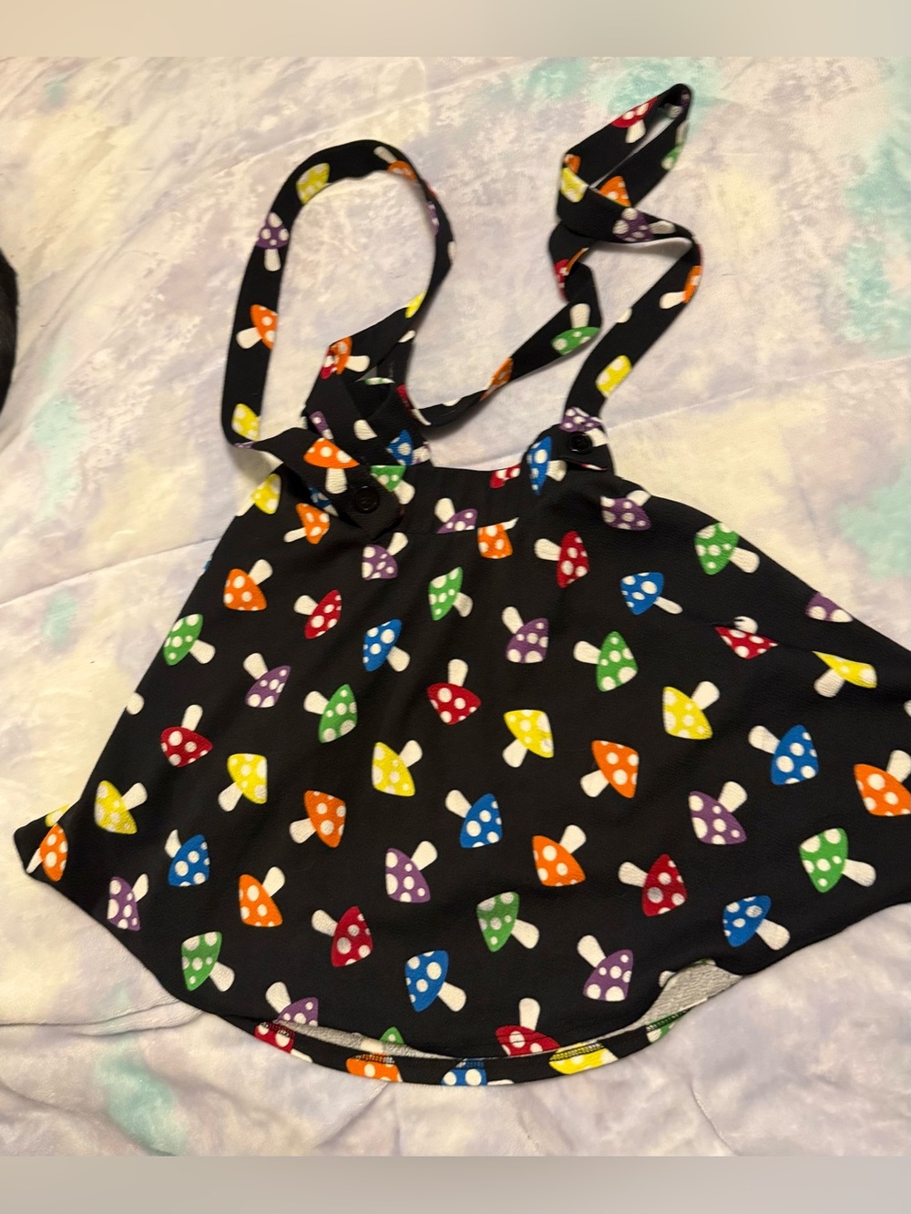 Black Mini Dress with Colorful Mushroom Print and Adjustable Straps